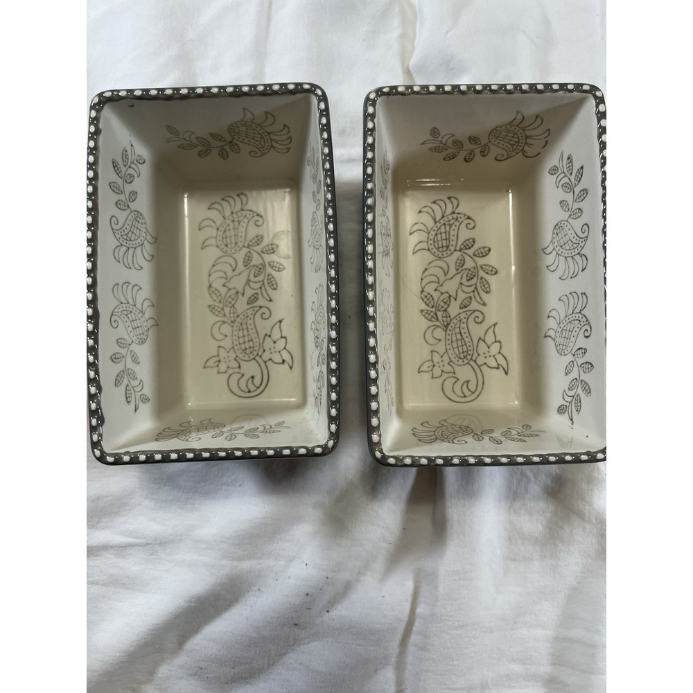 Baum Gray Floral Stoneware Mini Loaf Pans Set of‎ 2 Oven Safe Beaded Rim Modern - Picture 2 of 11